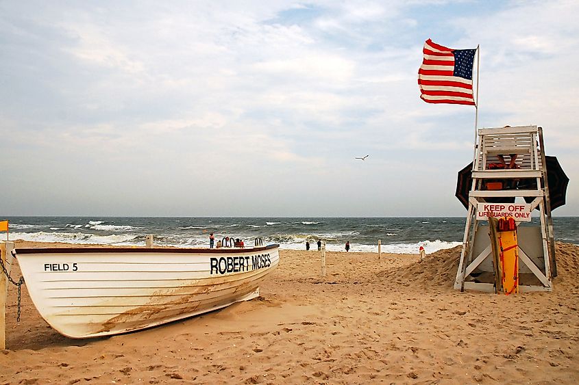 A boat along the coast in Babylon, New York.