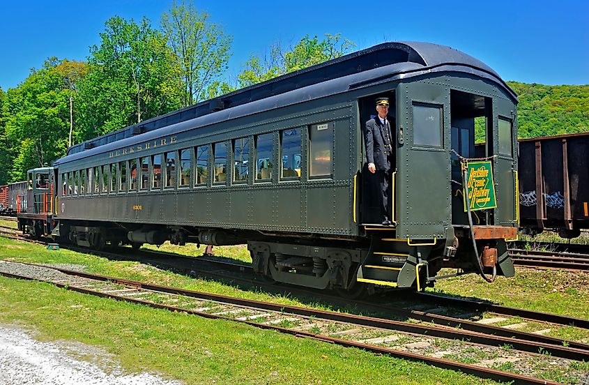 An old locomotive makes its way on the Berkshire Scenic Railroad