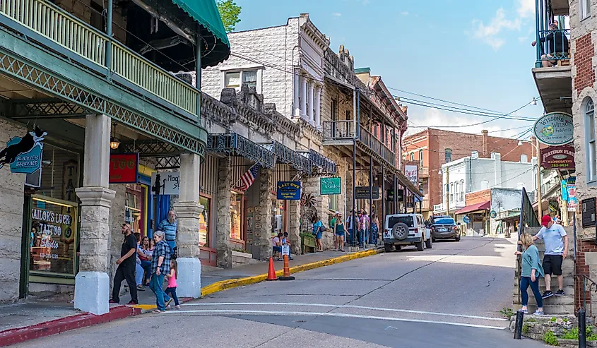 People walk the downtown streets in Eureka Springs, Arkansas.