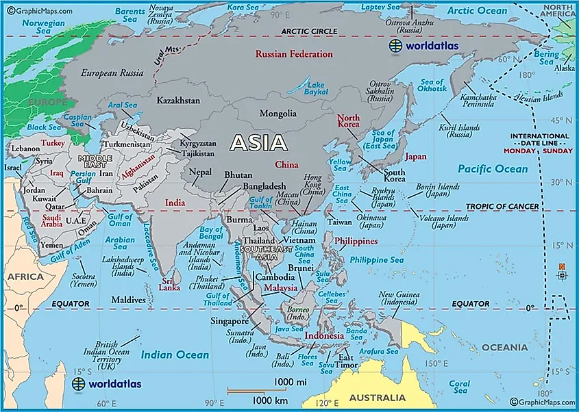 large map of asia easy to read and printable