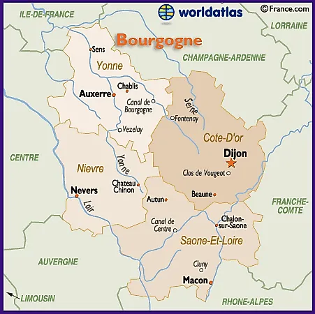 Map of the Bourgogne Region of France Including Auxerre Dijon Macon and