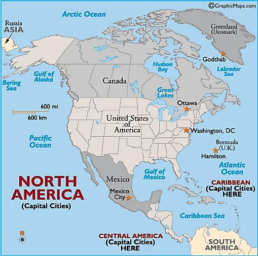 Outline Map of North America, North American Countries, Capitals of North America, North America Capitals