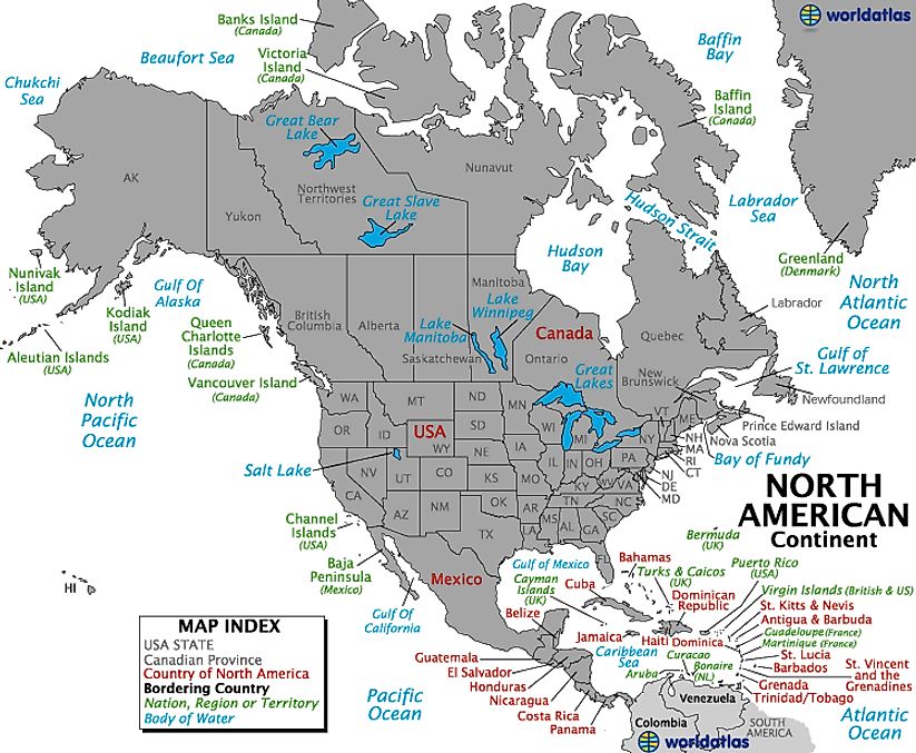 North America Map, Map of North America, States of North America, Outline Map of North America