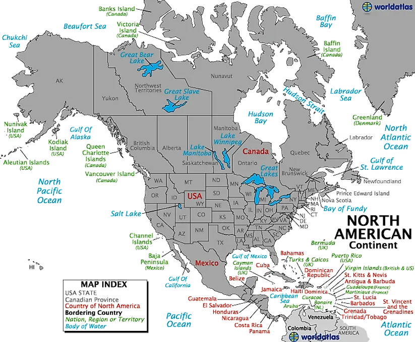 North America Map, Map of North America, States of North America, Outline Map of North America