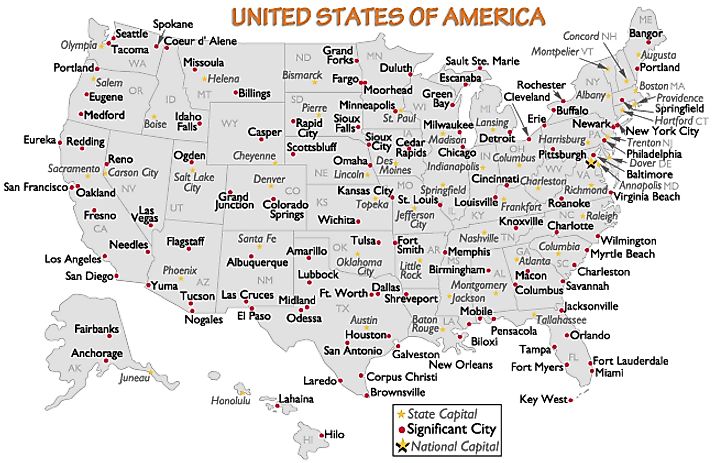 united states major cities and capital cities map