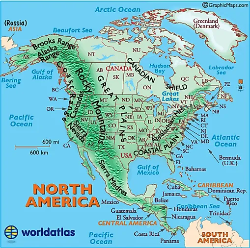 Landforms of North America, North American Mountain Ranges, Physical map of North America, United States Mountains