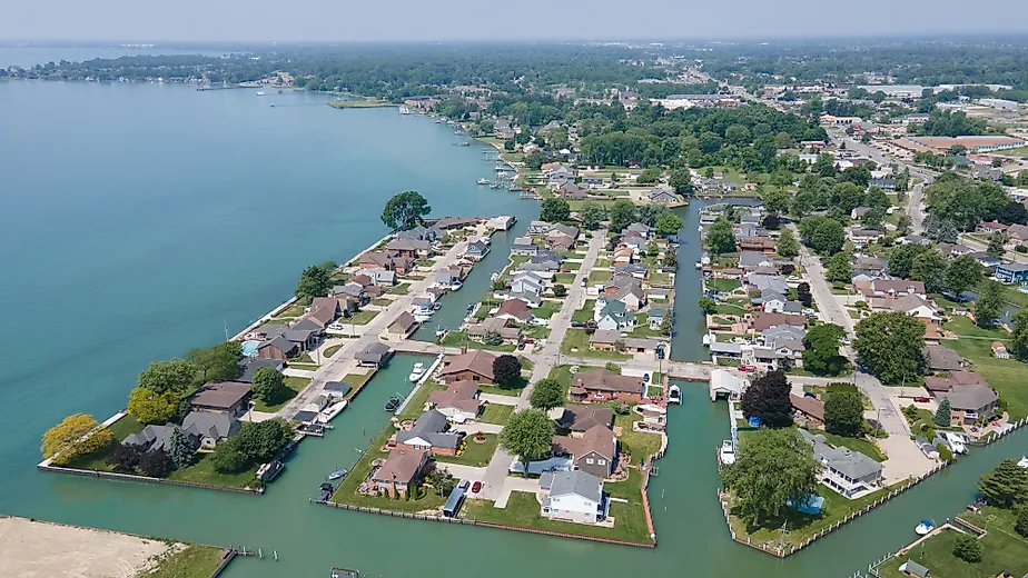 Aerial view of a boating neighborhood in New Baltimore Michigan on the shores of Lake Sta Clair