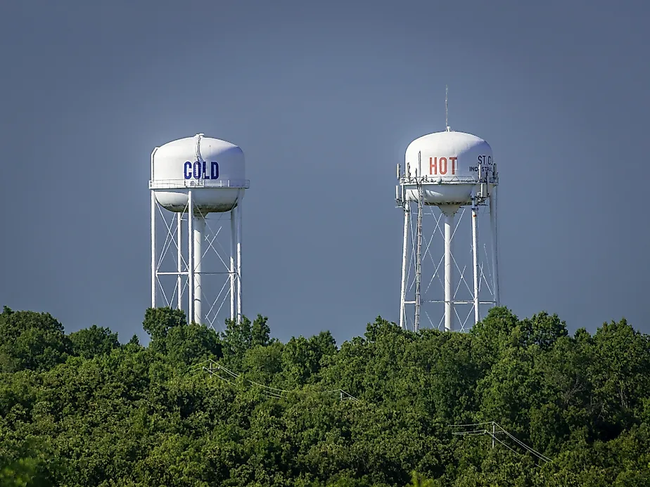 the city of St. Clair, MO must have sense of humor to label their twin water towers. Credit: Dave Adams Images/Shutterstock.com