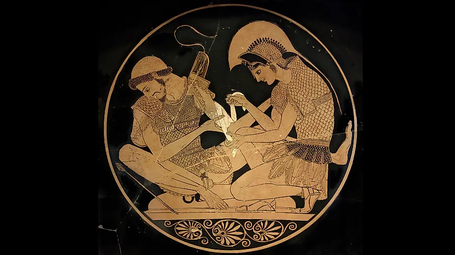 Achilles tending Patroclus wounded by an arrow, identified by inscriptions on the upper part of the vase.