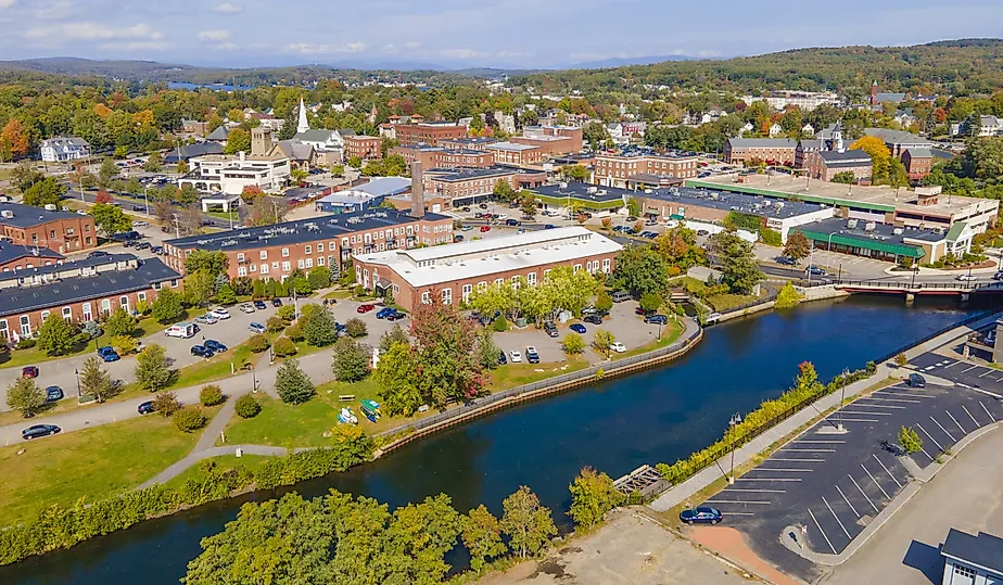 Aerial view of Laconia, New Hampshire, in fall.