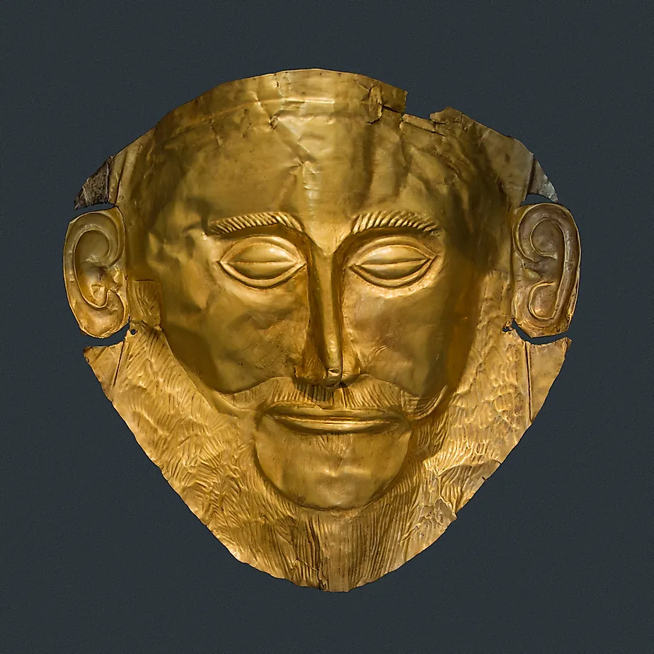 The Mask of Agamemnon, made at Mycenae around the 16th century BCE (National Archaeological Museum of Athens, CC0, via Wikimedia Commons)