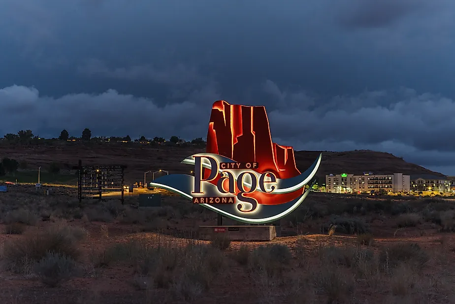 Illuminated 'City of Page' sign in Page, Arizona. Editorial credit: Angel DiBilio / Shutterstock.com