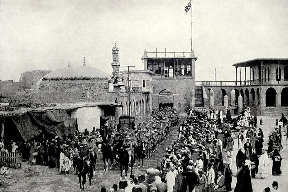 World War 1 in the Middle East. The Union Jack flies over Bagdad as British troops enter the city after its capture from the Ottomans on March 11, 1917.
