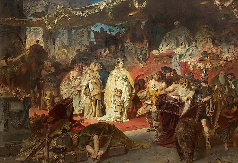 The Triumph of Germanicus after his major victory in Germania. Women and children of the noble families defeated in the war were also displayed as trophies in the Triumph.