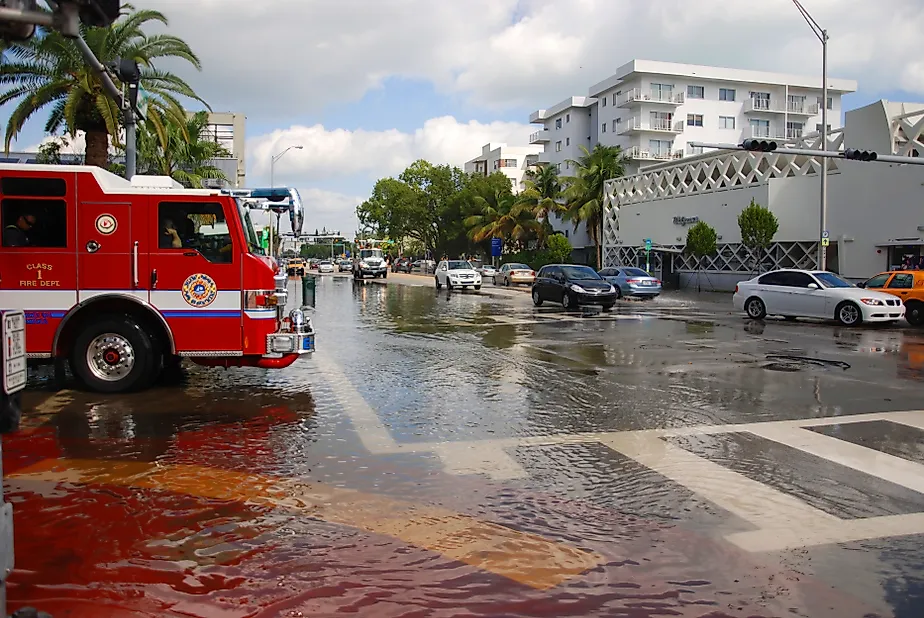 Firefighter truck in Miami South beach Lenox Ave flood aftermath of Hurricane Sandy. 
