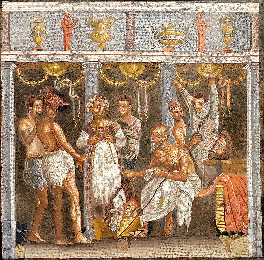 Mosaic depicting a theatrical troupe preparing for a performance