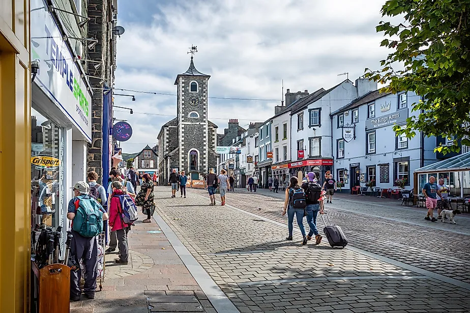 Historic Moot Hall and surrounding shops in Main Street Keswick, Cumbria