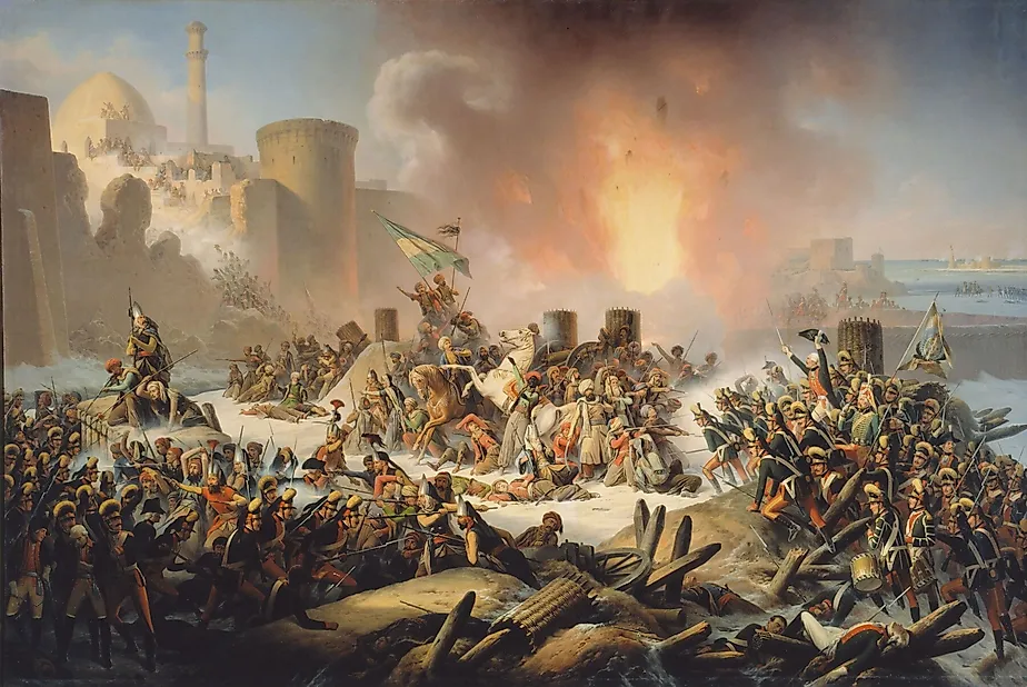 Ottoman troops desperately attempt to halt advancing Russians during the Siege of Ochakov (1788).