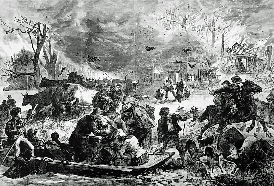 Illustration of the Peshtigo Fire in Wisconsin. Image credit U.S. Forest Service- Pacific Northwest Region, Public domain, via Wikimedia Commons