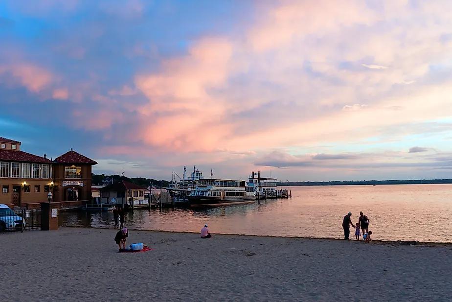 City of Lake Geneva, WISCONSIN: People gathering at the beach near Lake Geneva