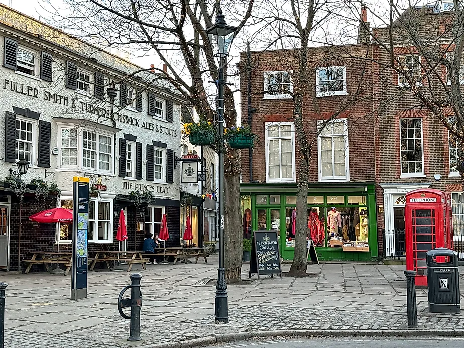 Richmond Upon Thames area, The Green view and The Prince's Head pub, West London, via Alla Tsyganova / Shutterstock.com