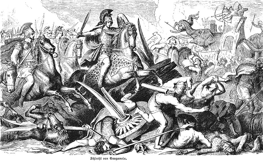 The decisive confrontation between Alexander the Great's forces and Darius III's Persian army at Gaugamela in 331 BCE. Old vintage illustration, 1880.
