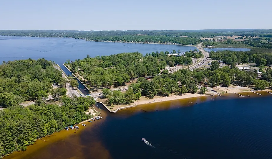 Aerial view of Lake Mitchell and Lake Cadillac near the town of Cadillac, Michigan.
