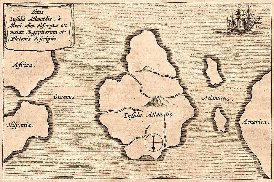 Kircher's map of Atlantis, oriented with south at the top, from Mundus Subterraneus. Athanasius Kircher, Public domain / Via Wikimedia Commons.