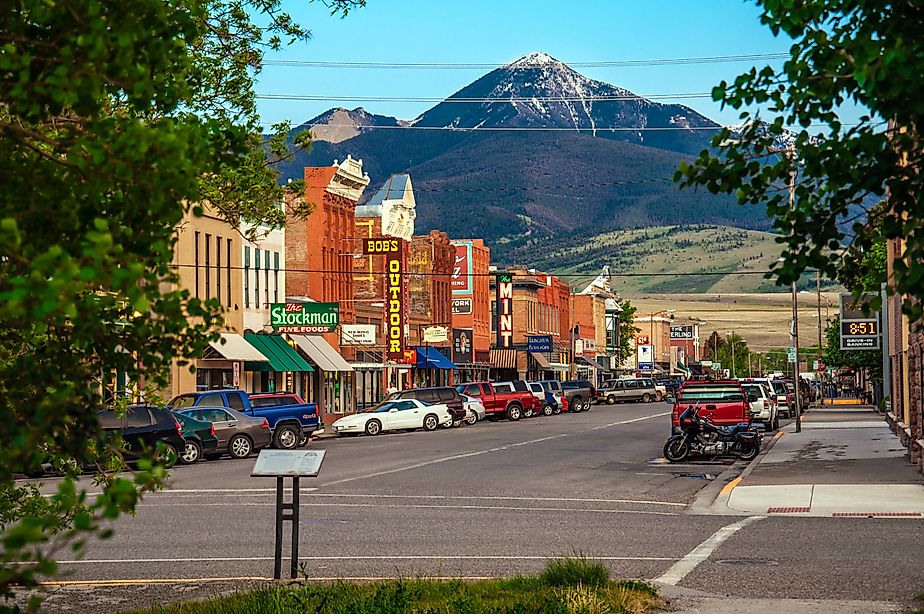 View of historic buildings in Livingston, Montana with towering mountains in the background. Editorial credit: Nick Fox / Shutterstock.com