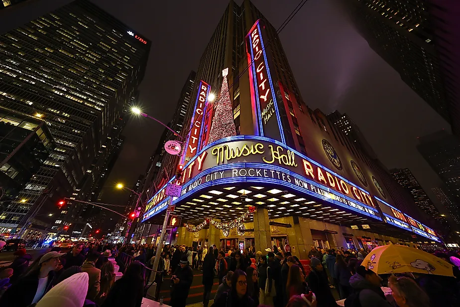 The iconic marquee of Radio City Music Hall. Via Shutterstock / Gordon Donovan