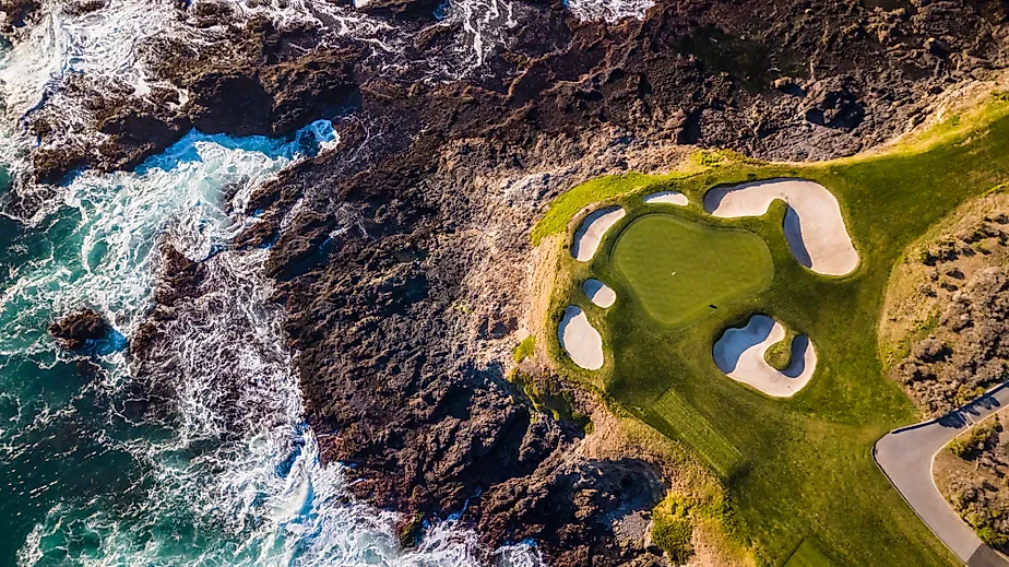 Drone view of the pebble beach golf course in Monterey California
