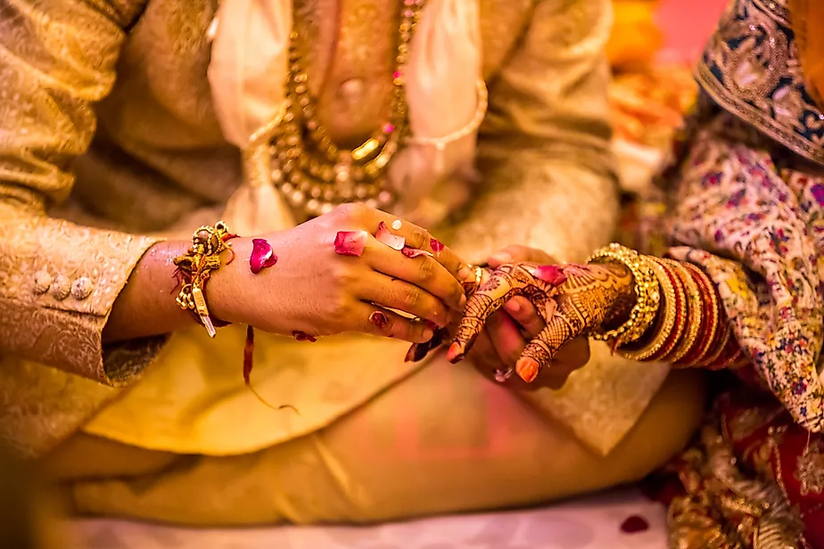 Indian wedding ceremony.hands of the bride held by a groom during a traditional ritual in an Indian Hindu Wedding