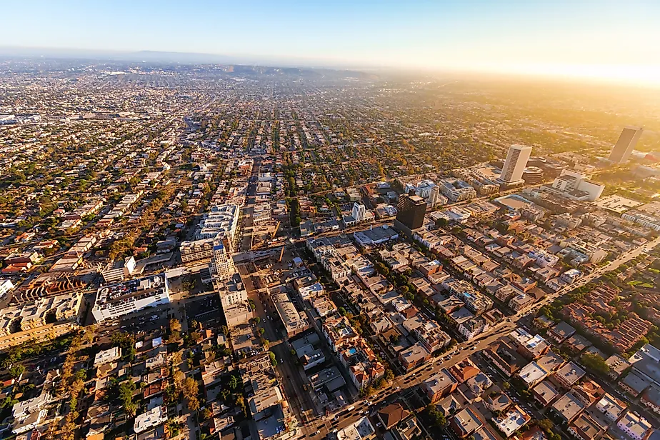 Aerial view of buildings on near Wilshire Blvd in Westwood, Los Angeles, CA