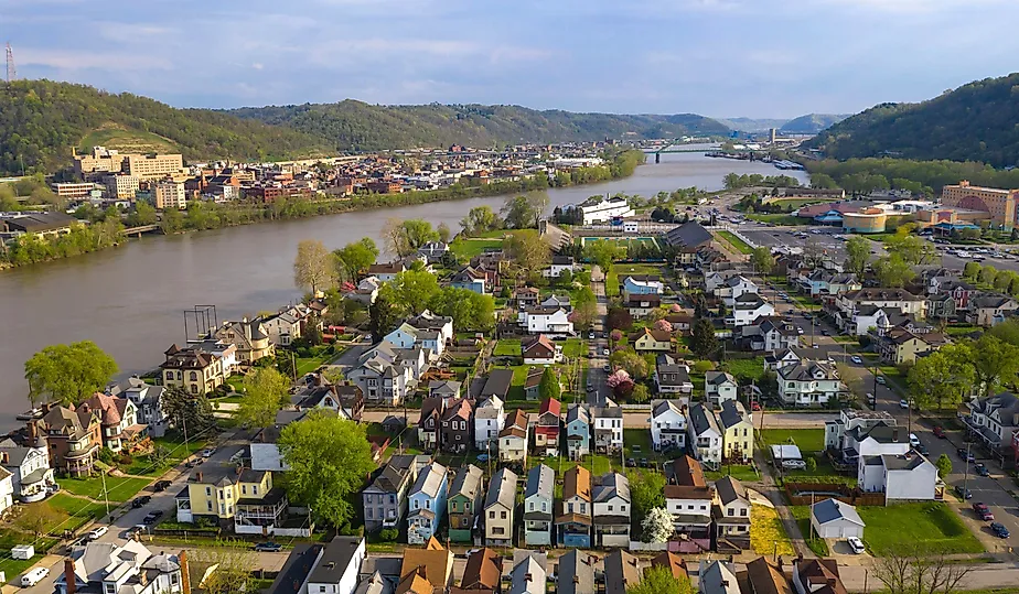 Aerial view of the Ohio River in Wheeling, West Virginia.