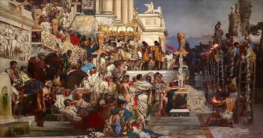 Humans punished and lit up as torches by Emperor Nero. Image credit: Henryk Siemiradzki, Public domain, via Wikimedia Commons.