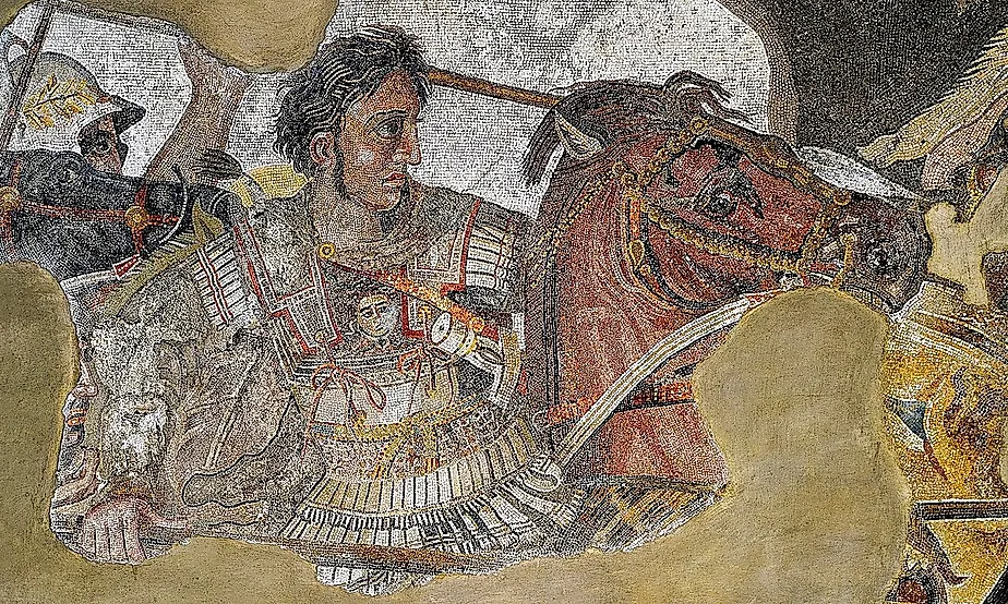  Alexander the Great depicted at the Battle of Issus against Darius III of Persia in 333 BC, as part of a larger Roman floor mosaic dating from around 100 BC.