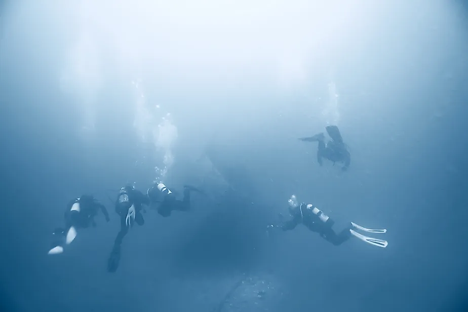 Divers searching for a shipwreck at sea.