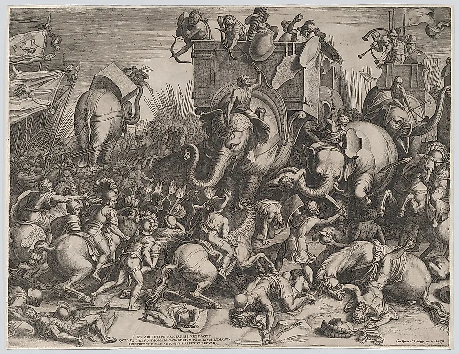 The Battle Between Scipio and Hannibal at Zama. Image by Cornelis Cort, Public domain, via Wikimedia Commons.
