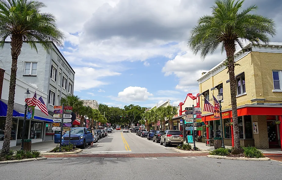 Mount Dora, Florida USA - July 28, 2023: Downtown town center area of Mount Dora.