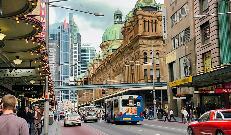 View of George Street in bustling Sydney downtown, combining fine shopping with classic and modern office buildings. Editorial credit: Lux Blue / Shutterstock.com
