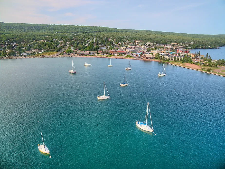 Boats on Lake Superior in Grand Marais, Minnesota.