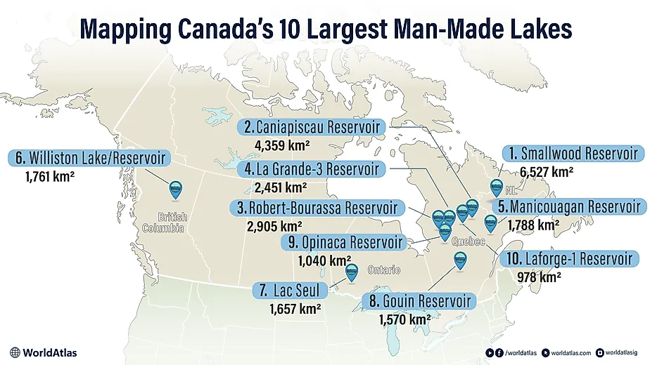 infographic showing 10 Largest Man-Made Lakes In Canada 