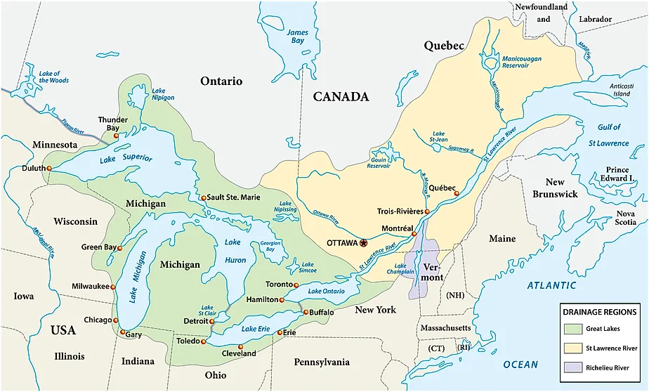 Map of the great lakes river drainage regions.