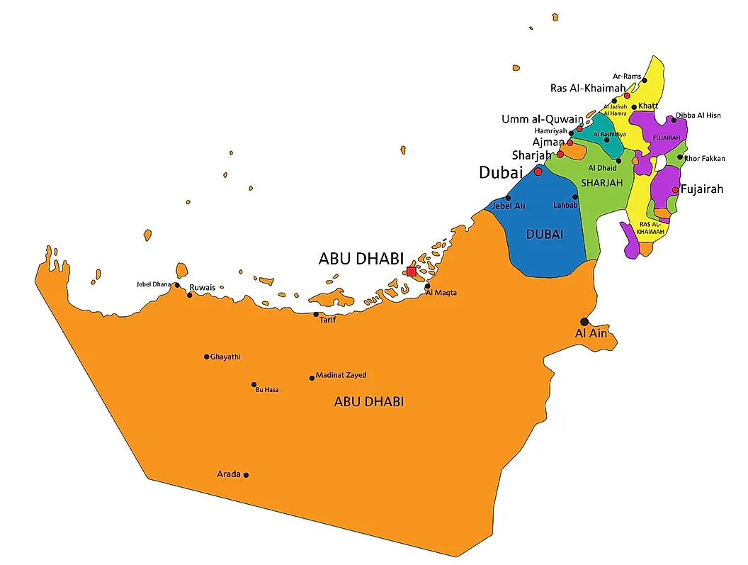 Map of UAE showing the bulk of the country in Abu Dhabi, with the northern tip comprising the other six Emirates.