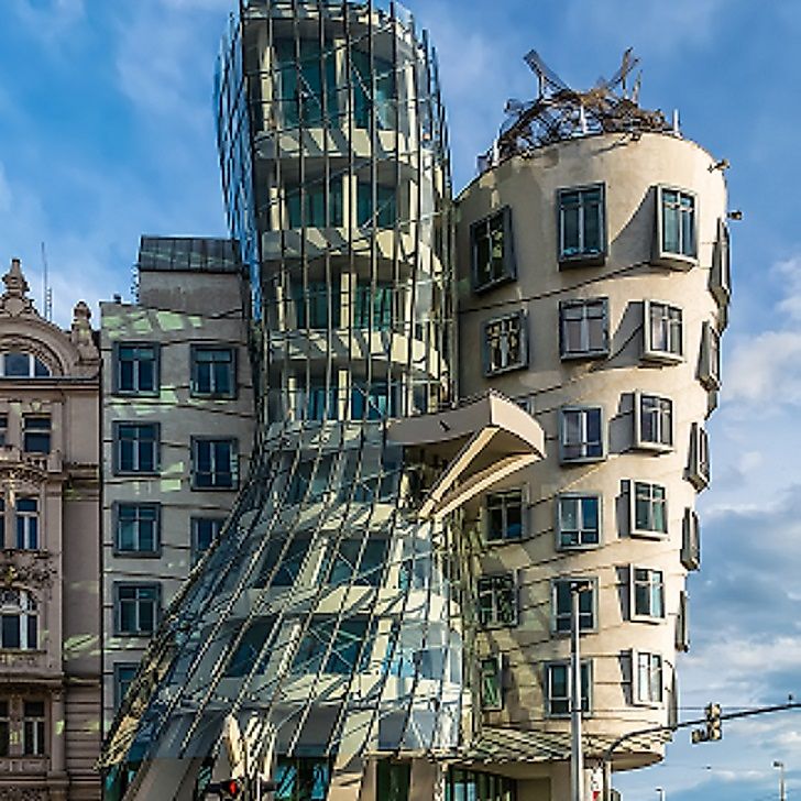 Prague's Dancing House (a.k.a. the "Fred & Ginger"), was completed in 1996, and is said to resemble a dancing couple. The building houses an insurance firm.