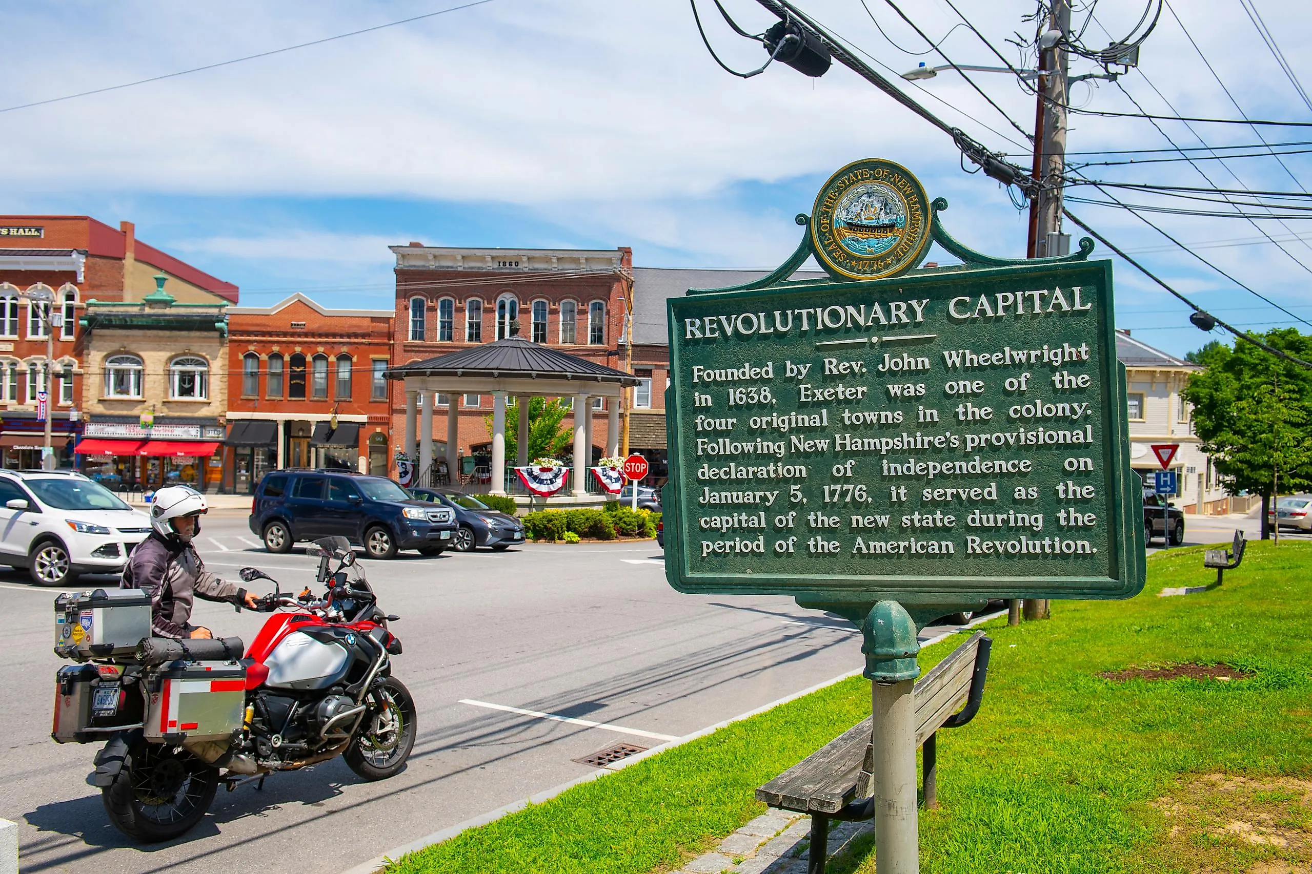 Exeter Revolutionary Capital sign at historic town center at Water Street and Front Street in Exeter, New Hampshire NH, USA.