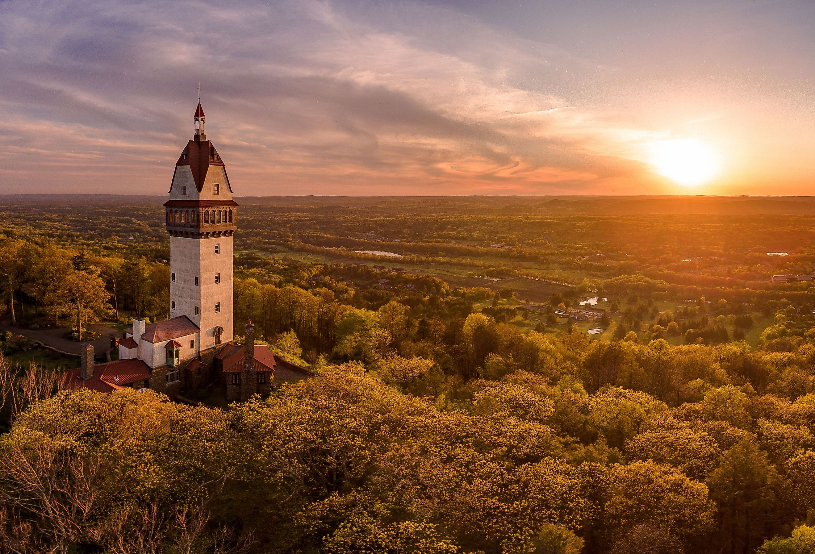 Aerial view of a tower that sits on the Talcott Mountain State Park in Simsbury, Connecticut.