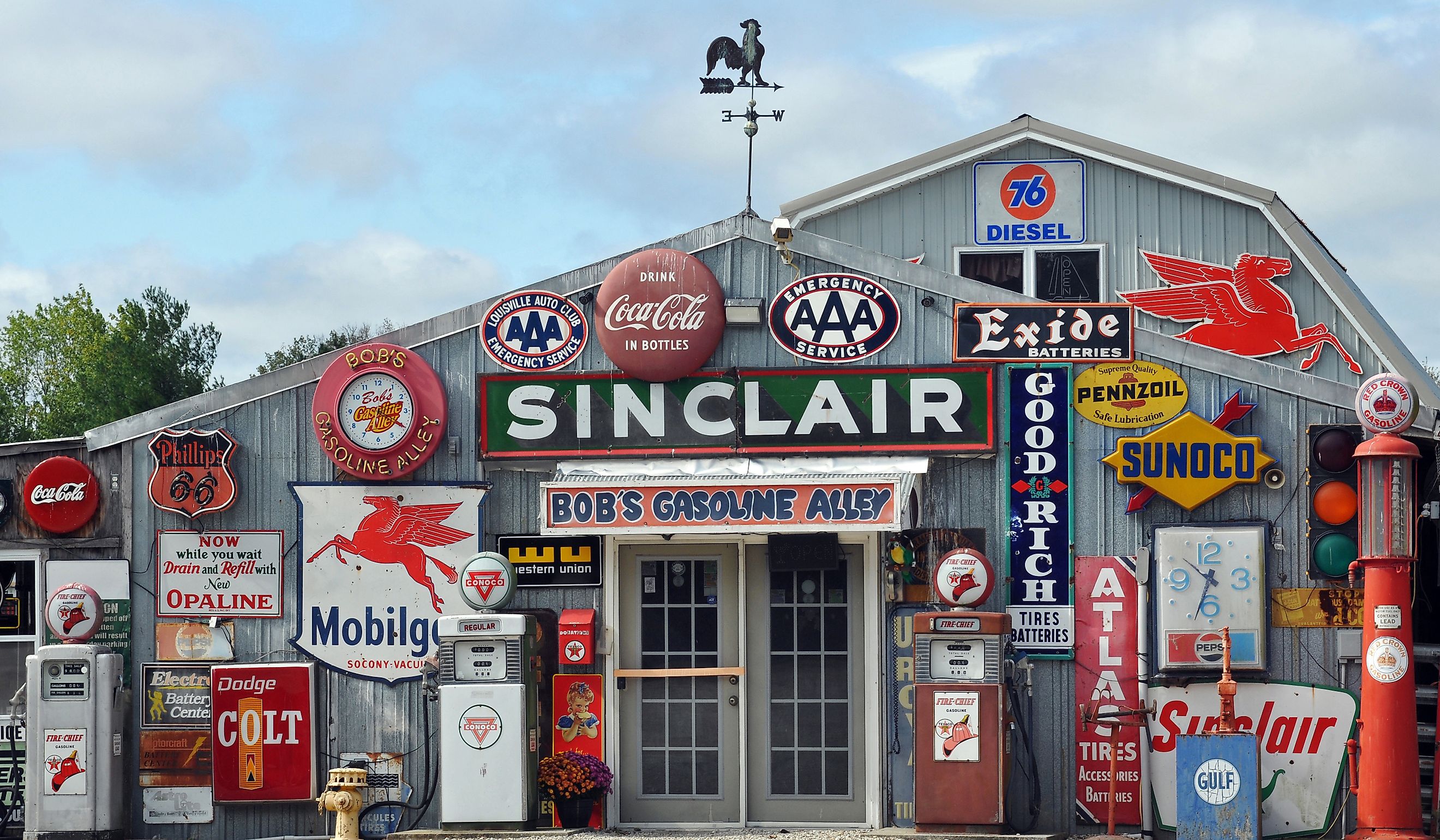A collection of antique gas station memorabilia on display at Bob's Gasoline Alley, off Route 66 near Cub. Editorial credit: BD Images / Shutterstock.com