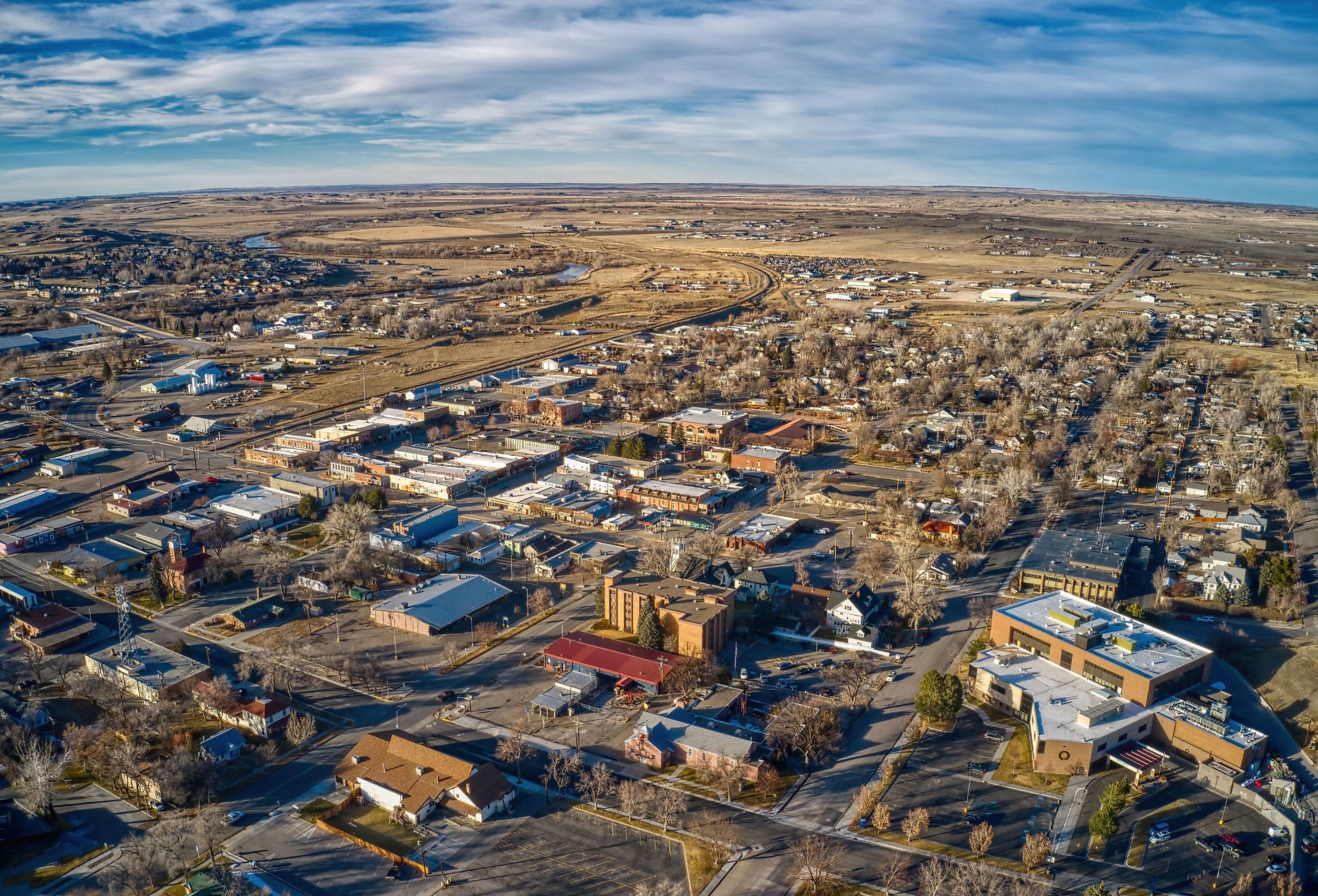 Aerial view of Douglas, Wyoming in winter.