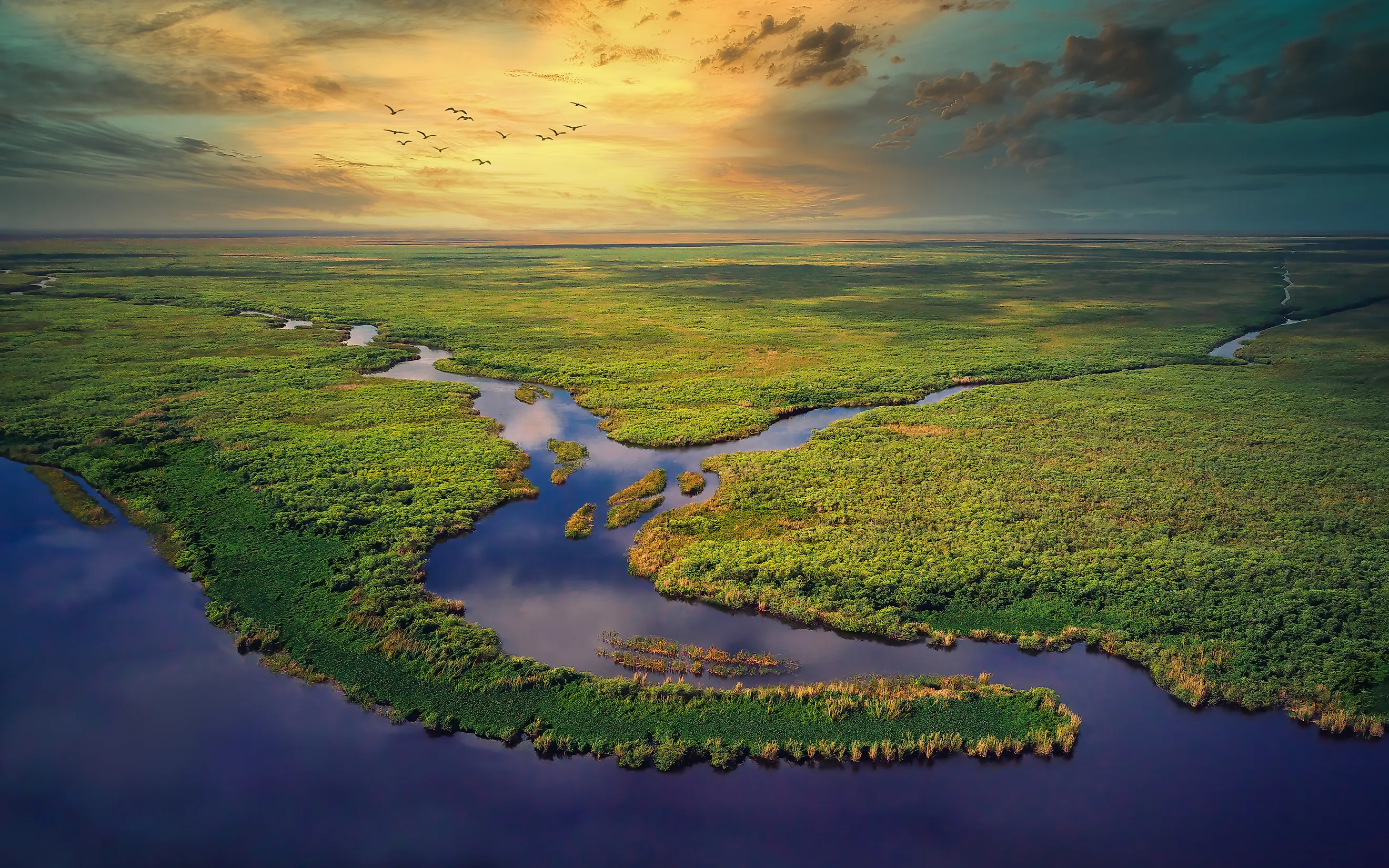 Aerial View of Florida Everglades during sunset.